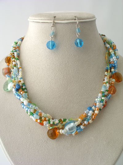 MULTI COLOR BOHO INDIAN GLASS SHELL SEED BEAD NECKLACE SET