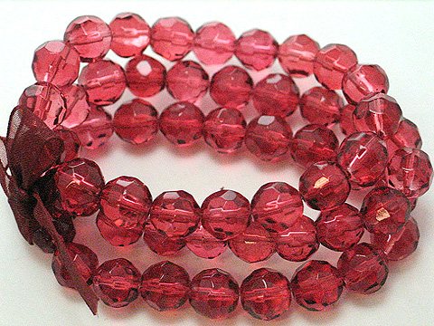 RED MULTI STRAND GLASS BEAD BALL RIBBON BRACELET