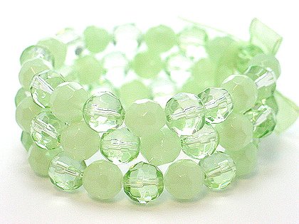 LIGHT OLIVE GREEN MULTI STRAND GLASS BEAD BALL RIBBON BRACELET