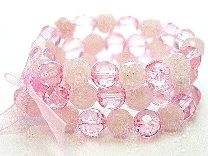 LIGHT PINK ROSE MULTI STRAND GLASS BEAD BALL RIBBON BRACELET