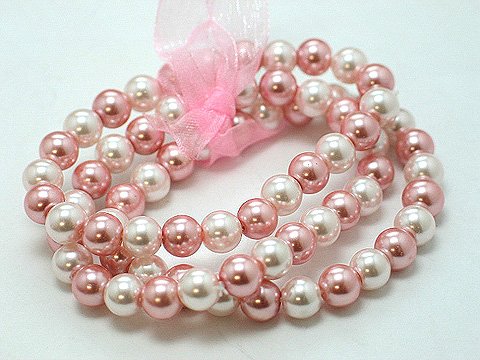 PINK WHITE CREAM MULTI STRAND GLASS BEAD BALL RIBBON BRACELET