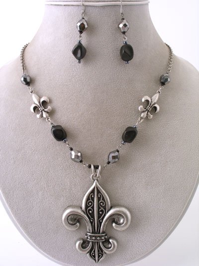 LONG FRENCH FLEUR DE LIS NEW ORLEANS BLACK BEAD SET