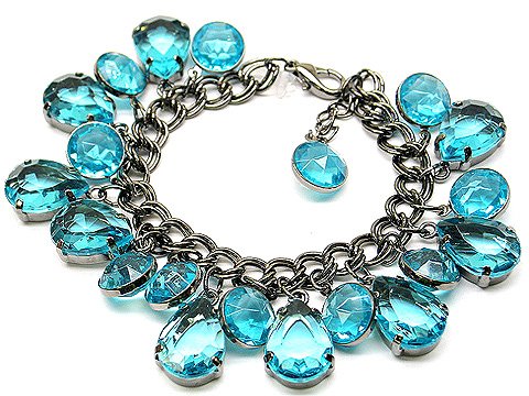 BOHO CHUNKY BLUE TEAL AQUA FAUX GEMSTONE PEWTER STYLE CHA CHA BRACELET