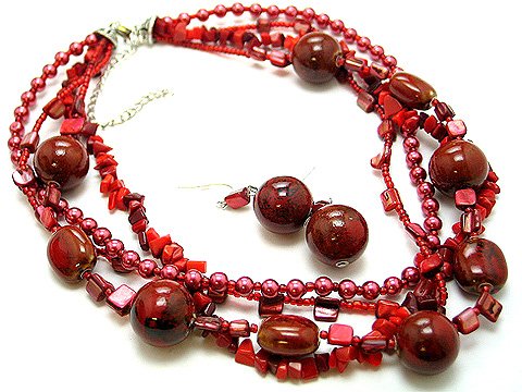 RED MULTI STRAND BOHO NATURAL STONE CERAMIC FAUX PEARL SHELL NECKLACE SET