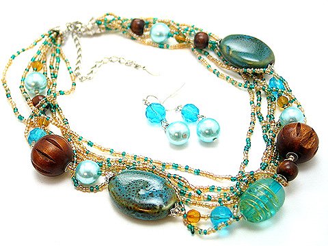 TEAL BLUE AQUA BOHO MULTI STRAND CERAMIC WOOD GLASS FAUX PEARL NECKLACE SET