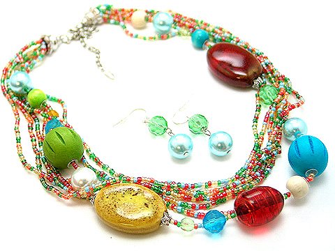 MULTI COLOR BOHO MULTI STRAND CERAMIC WOOD GLASS FAUX PEARL NECKLACE SET