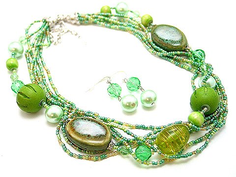 LIGHT OLIVE GREEN BOHO MULTI STRAND CERAMIC WOOD GLASS FAUX PEARL NECKLACE SET