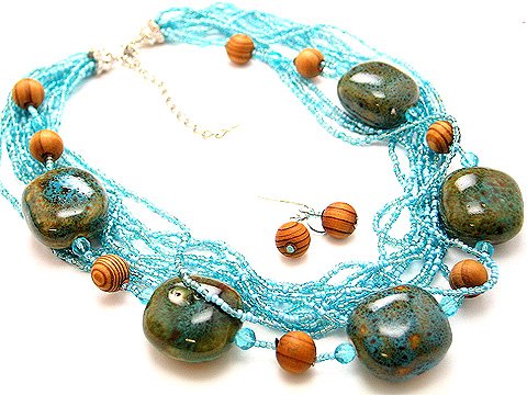 BLUE TURQUOISE BOHO MULTI STRAND CERAMIC INDIAN GLASS WOOD NECKLACE SET