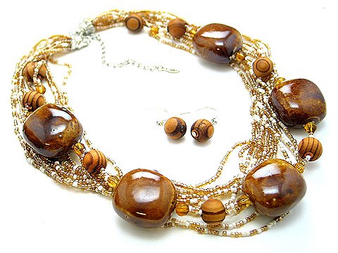 BROWN MAHOGANY MOCHA BOHO MULTI STRAND CERAMIC INDIAN GLASS WOOD NECKLACE SET