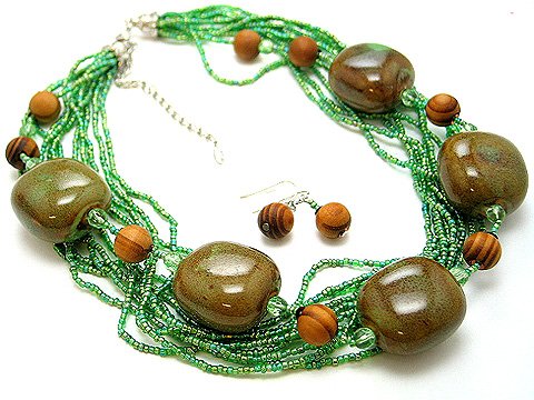 OLIVE GREEN BOHO MULTI STRAND CERAMIC INDIAN GLASS WOOD NECKLACE SET