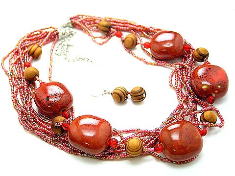 RED BOHO MULTI STRAND CERAMIC INDIAN GLASS WOOD NECKLACE SET
