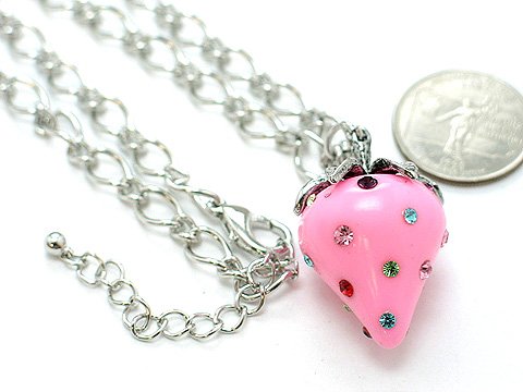 3D LIGHT PINK ROSE STRAWBERRY CRYSTAL NECKLACE