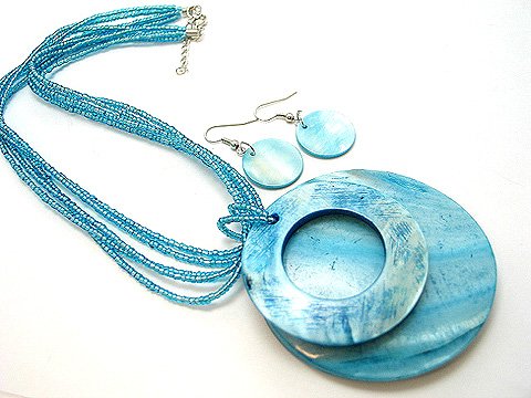 CHUNKY BLUE LUCITE PEARL SHELL SEED BEAD NECKLACE SET