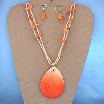 LONG CHUNKY ORANGE SHELL SEED BEAD NECKLACE SET