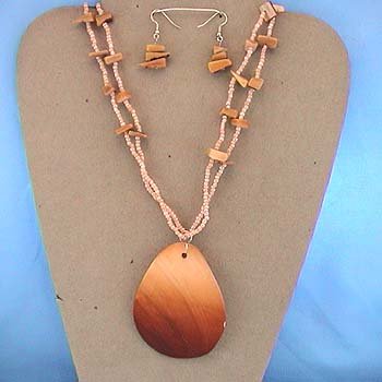 LONG CHUNKY BROWN SHELL SEED BEAD NECKLACE SET