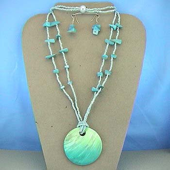 LONG CHUNKY BLUE AQUA TURQUOISE SHELL SEED BEAD NECKLACE SET