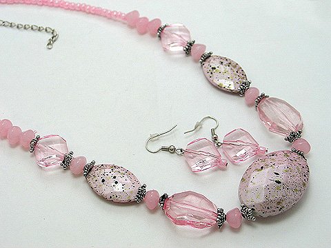 CHUNKY PATINA PINK LUCITE BEAD NECKLACE SET