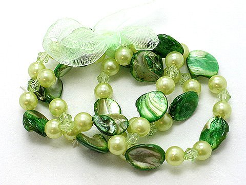 GREEN MULTI STRAND SHELL FAUX PEARL BEAD RIBBON BRACELET