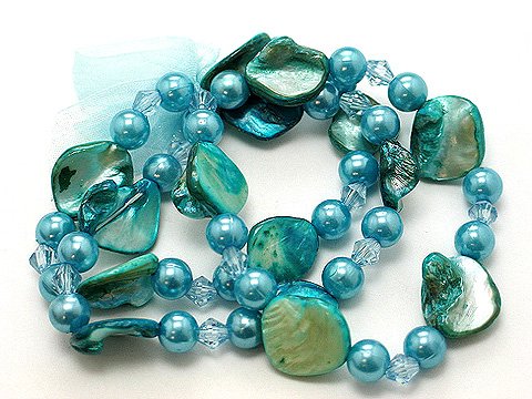 BLUE MULTI STRAND SHELL FAUX PEARL BEAD RIBBON BRACELET