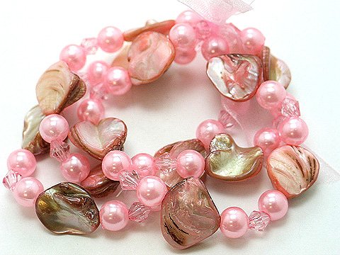 PINK MULTI STRAND SHELL FAUX PEARL BEAD RIBBON BRACELET