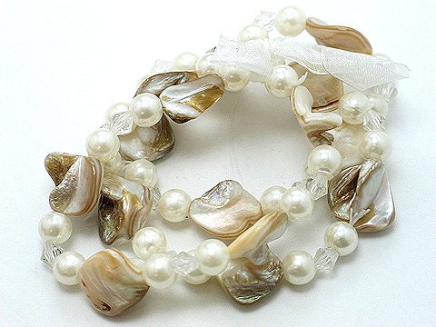 WHITE CREAM CREME NATURAL MULTI STRAND SHELL FAUX PEARL BEAD RIBBON BRACELET