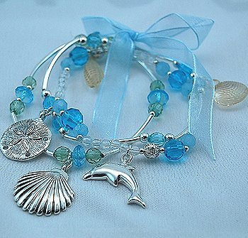 MULTI STRAND THREE ROW TROPICAL DOLPHIN SEA LIFE SHELL STARFISH SAND DOLLAR RIBBON BRACELETS