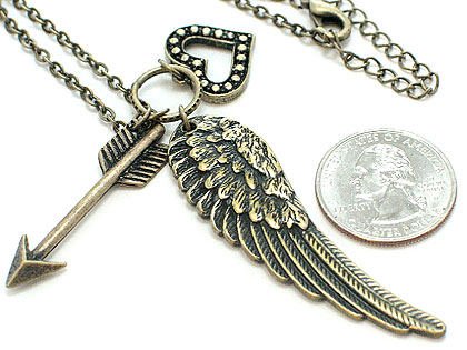 VINTAGE LOOK ANGEL WING HEART ARROW PENDANT DOUBLE CHAIN NECKLACE