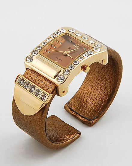 BROWN METALLIC BELT BUCKLE CRYSTAL WATCH
