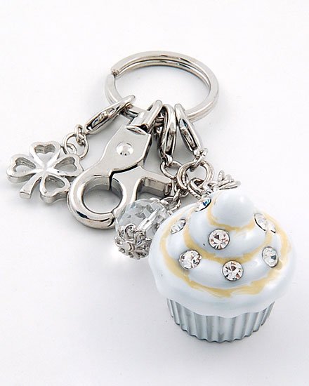 WHITE 3D CUPCAKE CRYSTAL LOCKET HANDBAG PURSE KEYCHAIN