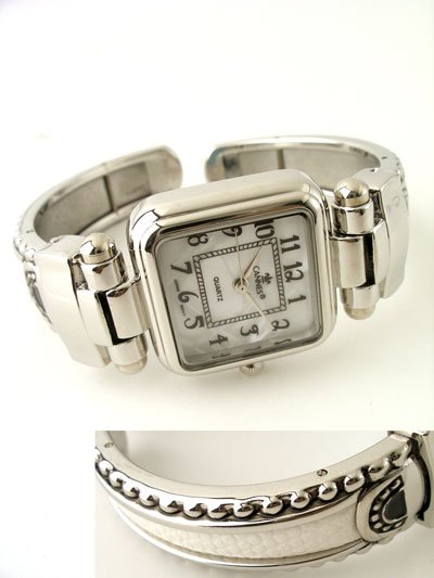 WHITE LEATHER STYLE MOTHER OF PEARL FACE BANGLE WATCH