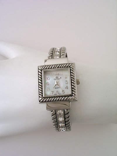 SILVER TONE CRYSTAL MOTHER OF PEARL FACE TEXTURED WATCH