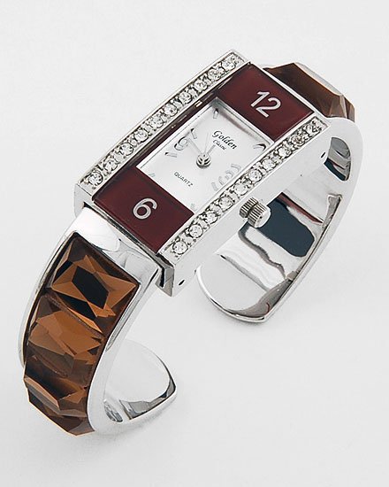 BROWN FAUX TOPAZ GEMSTONE LOOK 20 CRYSTAL BANGLE WATCH