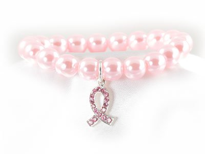 PINK RIBBON BREAST CANCER AWARENESS FAUX PEARL BRACELET