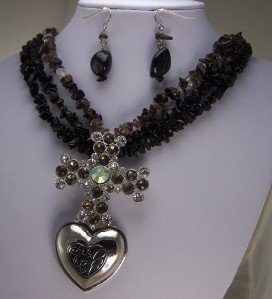 WESTERN BLACK TURQUOISE CROSS SWAROVSKI NECKLACE SET