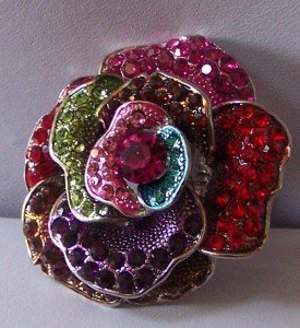 RED GREEN PINK MULTICOLOR ROSE FLOWER COCKTAIL RING