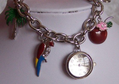 TROPICAL BEACH PALM TREE PARROT COCKTAIL BRACELET WATCH