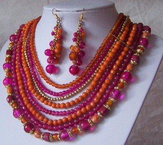 Hot Pink Fuchsia Orange Glass Resin Bead Necklace Set