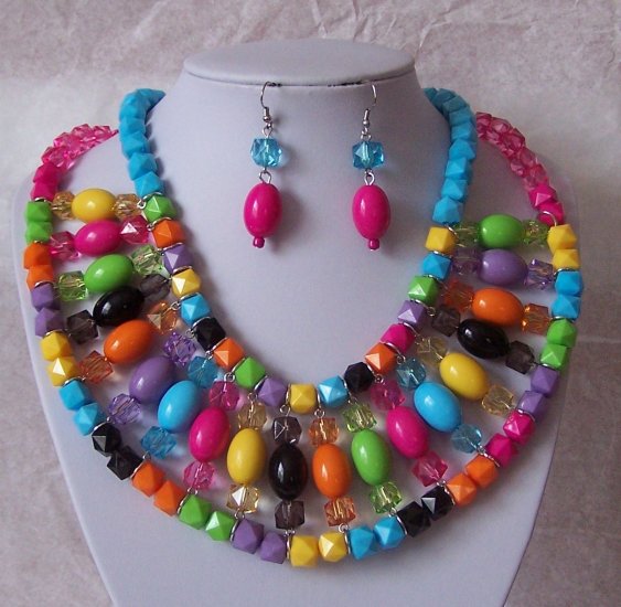 Blue Black Hot Pink Fuschia Multicolor Bib Necklace Set