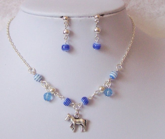 Kids Girls Children Western Horse Pony Blue Necklace Set