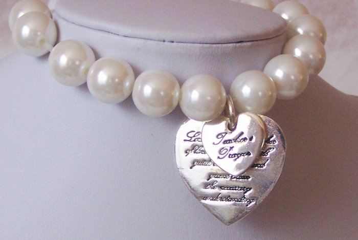 Inspirational Teachers Prayer Heart Love Faux Pearl Charm Bracelets
