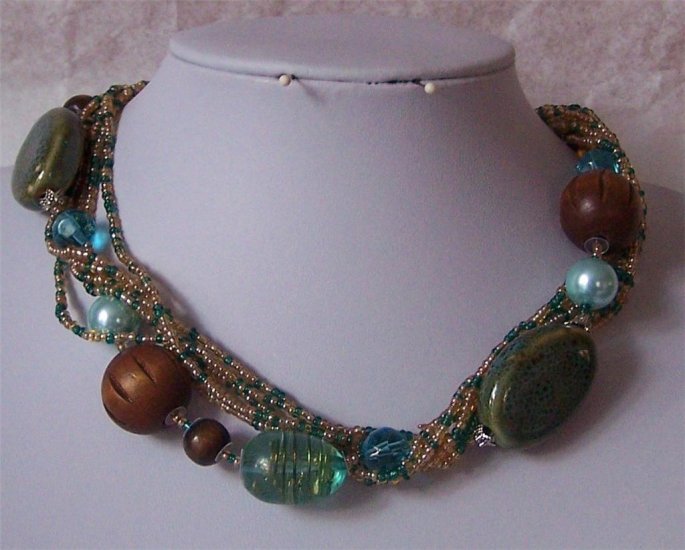 Blue Brown Multistrand Wood Glass Lampwork Necklace Set
