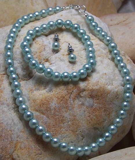 Kids Girls Children Blue Faux Pearl Wedding Necklace Set