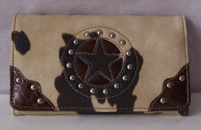 WESTERN BROWN LEATHER STYLE TEXAS STAR COWPRINT WALLET