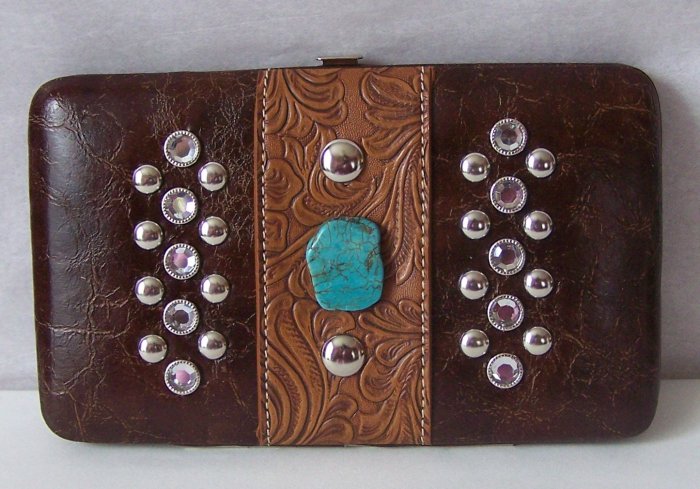 BROWN WESTERN TURQUOISE CRYSTAL CHECKBOOK WALLET