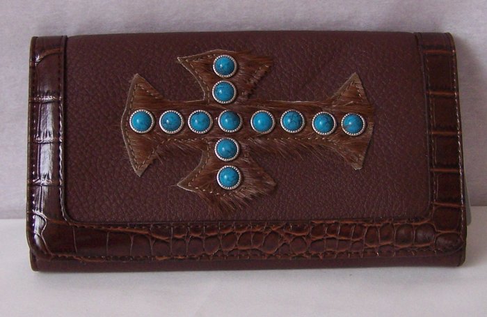 BROWN WESTERN TURQUOISE CROSS RELIGIOUS CHECKBOOK WALLET