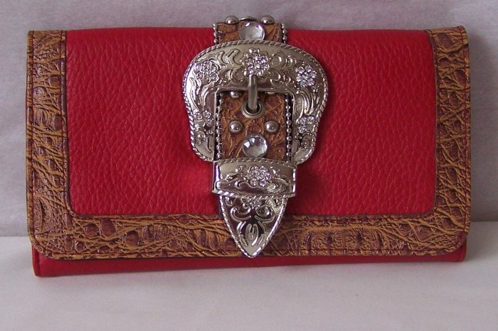 RED BROWN LEATHER STYLE WESTERN CHECKBOOK WALLET