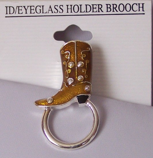 Brown Western Boot Boots Shoe Shoes ID Eye Glass Badge Holder Brooch Pin