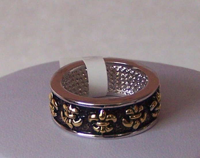 14k Gold and White Gold Rhodium Bonded Antique Fleur De Lis Eternity Ring in Silvertone Size 8