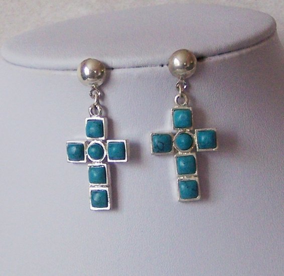 Western Blue Cross Religious Turquoise Earrings