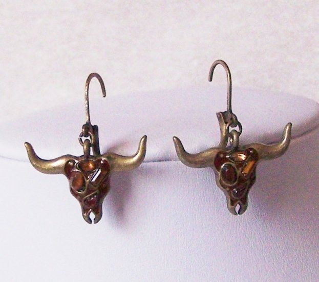 Western Brown Rhinestone Bull Steer Texas Longhorn Rodeo Earrings